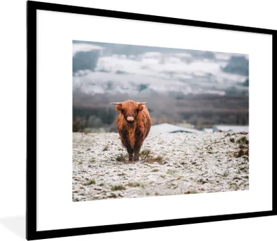 Produktbild von MuchoWow® Gerahmtes Poster Schottischer Highlander - Schnee - Berg 80x60 cm - Poster mit Schwarzem Bilderrahmen Wandposter Rahmen Foto Bilder - Schlafzimmer-Dekorationen - Fotoposter