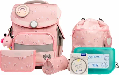 A collection of pink school supplies with rainbow motifs, including a backpack, pencil case, and lunchbox.