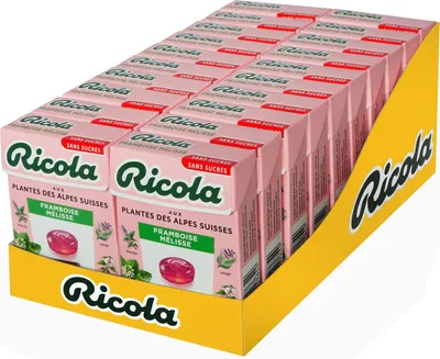 Produktbild von Ricola - 20 Packungen à 50 g - Bonbons mit Schweizer Pflanzen - Duft Himbeere Melisse - Erfrischend - ohne Zucker -