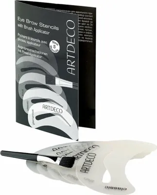 A product shot of Artdeco eyebrow stencils with a brush applicator, presented in a folded booklet.