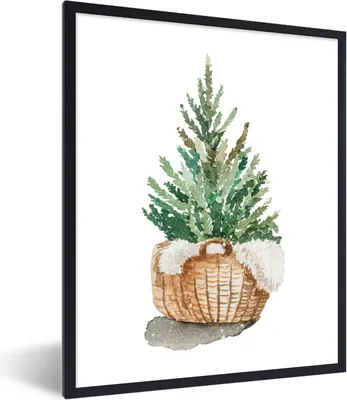 Produktbild von MuchoWow® MuchoWow® Gerahmtes Poster Weihnachtsbaum - Korb - Ölfarbe 60x80 cm - Poster mit zchwarzem Bilderrahmen - Premium - Wanddeko Wohnzimmer