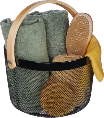 Produktbild von Relaxdays Drahtkorb mit Henkel, rund, Aufbewahrungskorb Metall & Holz, Utensilienkorb Küche, Bad, Wohnzimmer, schwarz