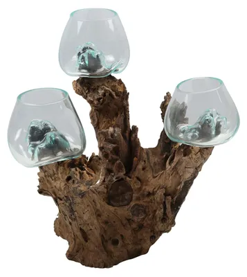 Produktbild von Drei Glasvasen 12 cm auf Wurzelholz