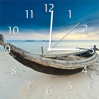 Produktbild von Wallario Design Wanduhr Fischerboot am Strand mit Sonnenuntergang aus Echtglas, Größe 30 x 30 cm