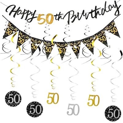 50. Geburtstags-Deko-Set: Banner, Girlande & Laternen, Schwarz-Gold