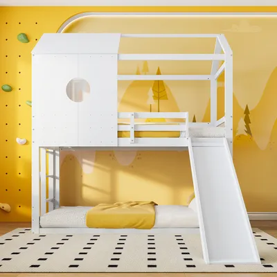 Immagine prodotto di Letto a castello ProximaX 90x200cm, letto per bambini con scivolo e scaletta, letto a soppalco con rete a doghe, letto a castello in legno con protezione anticaduta, bianco