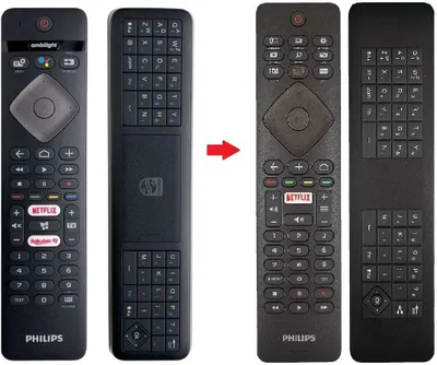 A collage of Philips TV remote controls, showing an older model and a newer model with a QWERTY keyboard.