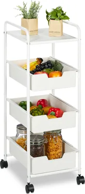 Image de Chariot à roulettes Relaxdays, 3 étages et tablette, chariot de cuisine pour la salle de bain et le bureau, étagère à roulettes, H x l x P : 85,5 x 32,5 x 40 cm, chariot de bricolage, blanc