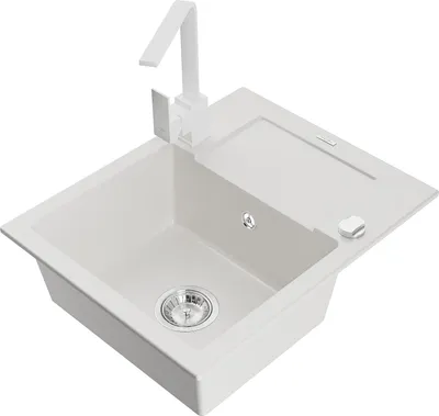 Produktbild von Mexen Enzo 1 Becken-Granitspüle mit Abtropffläche und Mischbatterie Rita, Weiß - 6506-20-670300-20