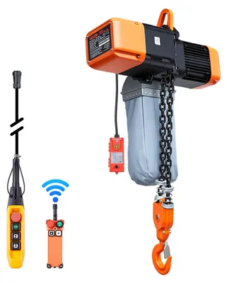 Immagine prodotto di Parancetto elettrico a catena VEVOR da 5000 kg, altezza di sollevamento 9,1 m, trifase, con radiocomando da 100 m e telecomando via cavo da 8,2 m, doppia catena G100, arresto di emergenza, parancetto elettrico a catena per fabbriche, magazzini, garage