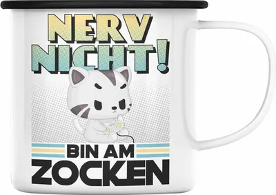 Produktbild von Trendation - Gamer Emaille Tasse Spruch Gaming Emaille Emaille Tasse Katze Gaming Headset Gamer Nerd Geschenkidee (Schwarz)