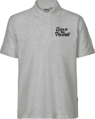 Produktbild von Huuraa Herren Polo Shirt Save the Planet Schriftzug L Sport Grey Bio Baumwolle Fairtrade Poloshirt Geschenkidee