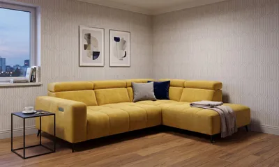 Obrázek produktu pro Moderní rohová pohovka Velvet v žluté barvě s elektrickou relaxační funkcí | Nastavitelné opěrky hlavy | Elegantní design