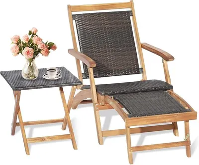 Imagen del producto de Tumbona 2 en 1 de ratán, sillón reclinable de madera plegable, tumbona de exterior con mesita auxiliar, silla Adirondack con reposapiés extensible, tumbona de ratán para jardín, resistente a la intemperie, con capacidad de carga de hasta 160 kg