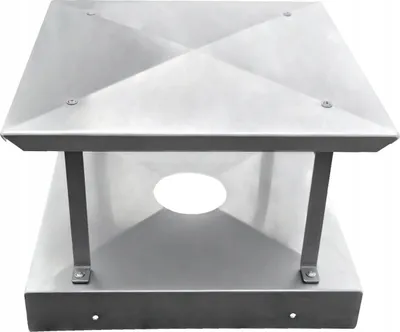 A stainless steel chimney cap with a square base and a pyramidal top, shown from a slightly elevated front angle on a white background.