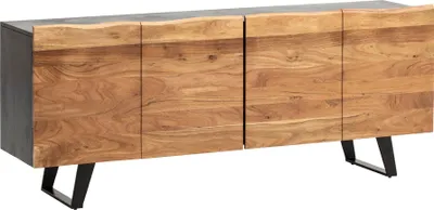 Sideboard Akazie Massiv mit vier Türen in Holzoptik, grauer Glasplatte oben und schwarzen Metallbeinen in Gesamtansicht.