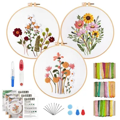 Produktbild von Stickset Stickpackung Stickrahmen - 3 Blumenmuster - Bambus-Stickrahmen - Für Anfänger