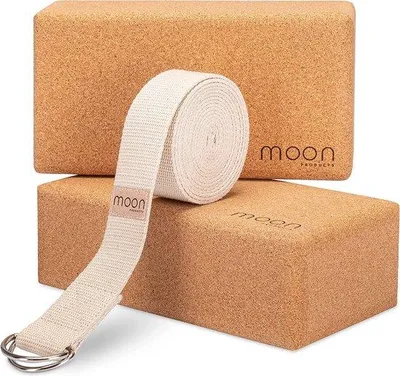 Produktbild von Famanu Yogablöcke Set von 2 mit Yogariemen - 100% natürliche Kork