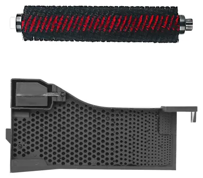 A vacuum cleaner brush roll and filter are shown against a white background.