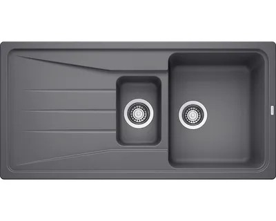 A top-down view of a gray kitchen sink with two basins and a draining board.