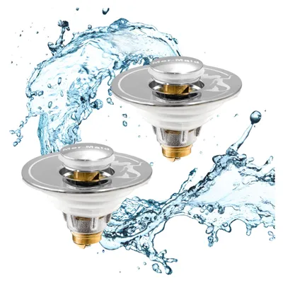 Two drain stoppers are shown with water splashing around them.