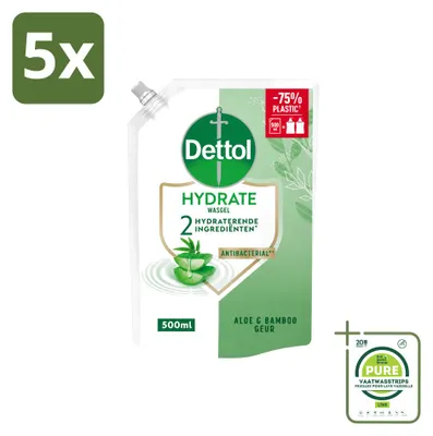 Imagen del producto de 5 unidades de recambio de jabón líquido para manos Dettol, hidratante, con aloe vera y bambú, 500 ml, pack grande