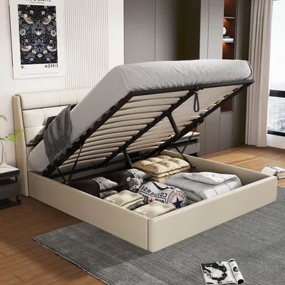 Produktbild von okwish Boxspringbett Polsterbett 140 x 200 cm mit Kopfteil, Hydraulisches Stauraumbett mit großer Bettkasten(Ohne Matratze)-Creme