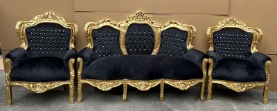 Produktbild von Casa Padrino Barock Wohnzimmer Set Schwarz / Gold - 1 Barock Sofa & 2 Barock Sessel - Wohnzimmer Möbel im Barockstil - Barock Möbel - Barock Wohnzimmer Einrichtung