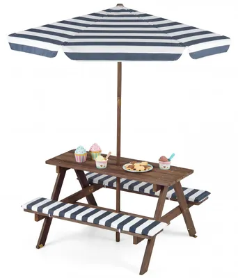 Immagine prodotto di Set da pranzo per bambini COSTWAY da esterno, tavolo da picnic per bambini con ombrellone regolabile in altezza e rimovibile, panche e cuscini, tavolo per bambini in legno di pino