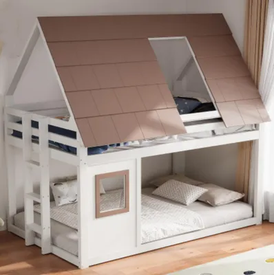 Produktbild von Kinderbett, Etagenbett aus Holz mit Dach und Leiter,Bett 140 x 200 cm