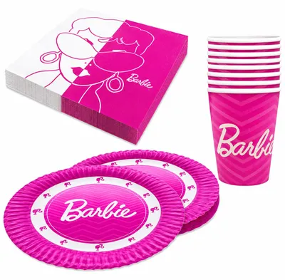 Produktbild von Barbie Partyset 36-teilig mit Bechern 250 ml Tellern 23 cm und Servietten 3 lagig
