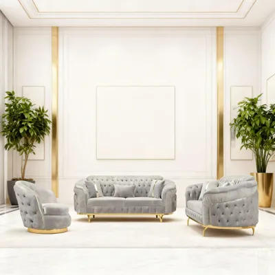 Produktbild von Sofa -Set MIRAY mit Knopfheftung in 5 edlen Farbvarianten 3-Sitzer + 3-Sitzer + Sessel, 3-Sitzer mit Schlaffunktion Farbe: Hellgrau