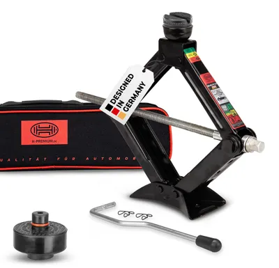Obrázek produktu pro HEYNER® zvedák, nůžkový zvedák 1,5 t. Sada včetně gumové podložky pro vozy Tesla, otočný o 360°, Rheinland, GS, výška zdvihu 135–415 mm, včetně tašky