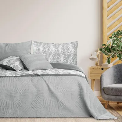 Produktbild von Bettüberwürf Tagesdecke zweiseitig Ultrasonic Steppung  Blätter 260 x 280 cm - weiß-grau