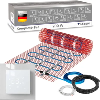 Produktbild von VILSTEIN Elektrische Fußbodenheizung 200W/m², für Fliesen Laminat und mehr, Komplett-Set, Twin Technologie Heizsystem, Fußboden Heizmatte, inkl. Thermostat weiß