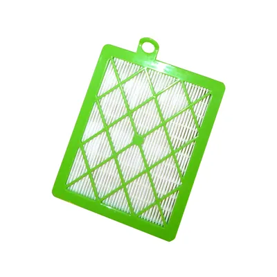 A green vacuum cleaner filter with a white mesh grid and white filter material inside, isolated on a white background.