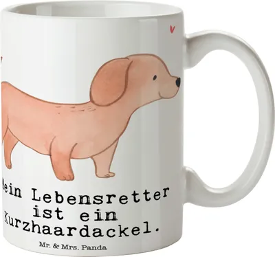 Produktbild von Mr. & Mrs. Panda Tasse Dackel Kurzhaardackel Lebensretter - Weiß - Geschenk, Kaffeetasse, kaffeebecher bedruckt, Becher, Teckel, Dachshund, Trinkbecher, Kaffeepott