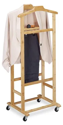 Image de Portant à vêtements sur roulettes - Bambou naturel - 107 x 47 x 37 cm - Porte-manteau pour chemises et vestes