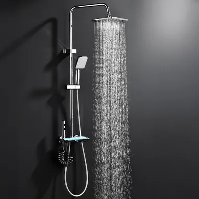 Produktbild von Duschsystem Messing, 4 Wasserausgabe Modi, Duscharmatur Komplettset Chrom, Duschset Digitale Temperaturanzeige mit Atmosphärenlicht Chrom