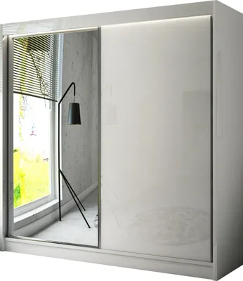 Produktbild von ALTDECOR Kleiderschrank mit Spiegel und Schiebetüren, kugelgelagerte Führungsschienen und Aluminium-Leisten - VESLI - 200 cm Weiß / Lacobel Weiß