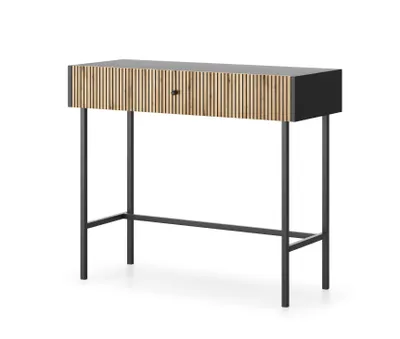 Produktbild von Konsole Schwarz mit Eiche-Lamellen 93 cm Diva – Tisch mit Schublade, modernes Design, Metallfüße