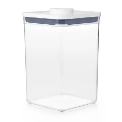 A clear studio shot of an empty food storage container.