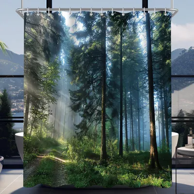 Image de Rideau de douche 180x170 cm, motif forêt/jungle, ourlet lesté, tissu, imperméable, lavable, polyester, avec 12 œillets et anneaux