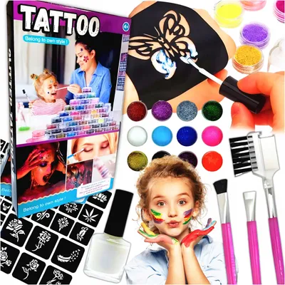 Produktbild von Drobiazgarnia Glitzer-Tattoo-Set für Kinder mit Schablonen, Waschbar