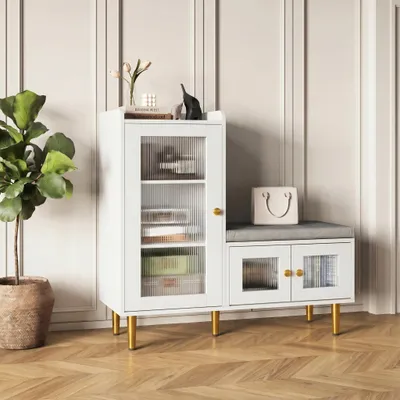 Produktbild von INONEFT Schuhschrank mit Bank, Schuhbank mit Stauraum, gepolsterte Sitzfläche, für den Eingangsbereich, das Wohnzimmer, Weiß