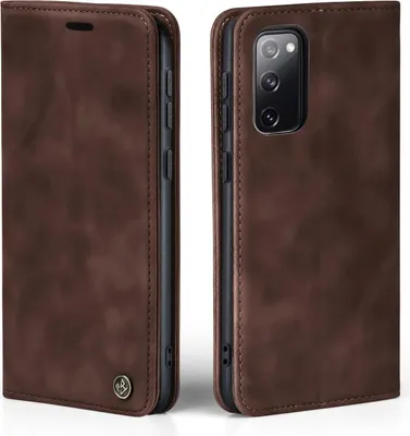 A brown leather flip case for a smartphone, shown from two angles.