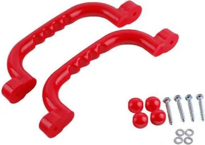 Two red plastic handles and hardware on a white background.