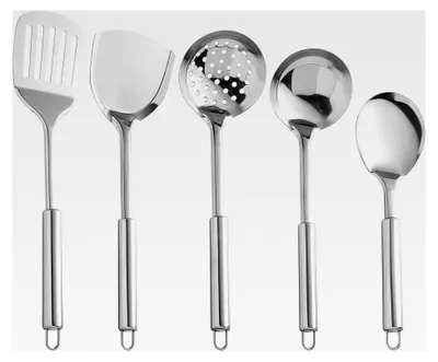 Produktbild von Küchenhelfer Set aus Edelstahl: 5-teiliges Kochutensilien-Set mit Löffel, Suppenkelle, Schaumlöffel, Schlitzspatel und Spatel
