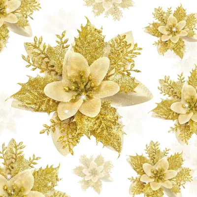 Produktbild von Weihnachtsblüten Weihnachtsdekoblumen - 14 cm - Gold mit Glitzer - 10 Stück - Für Weihnachtsbaum und Kranz