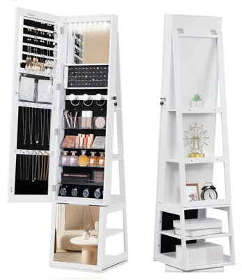 Imagen del producto de Caja de joyería - Armario para joyas - Espejo con cajones - Caja de almacenamiento - Espejo con almacenamiento - Espejo giratorio de 360°